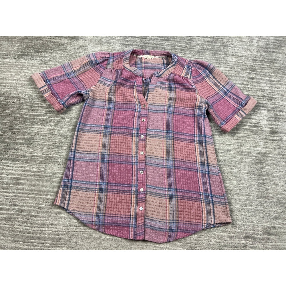 Mason & Belle Top Women S Pink Plaid Waffle Knit Short Sleeve Button JFW8188
